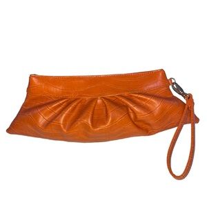 Orange wristlet hinged faux alligator vegan clutch mini purse